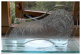 Hand polished glass sculpture with kingfisher